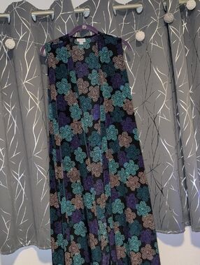 LuLaRoe Sleeveless Long Lightweight Vest, Black With Teal, Purple & Beige